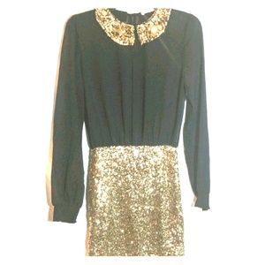 Mustard Seed Black Sheer  and Gold sequin dress